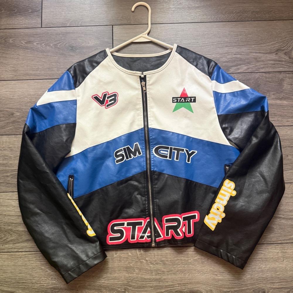 Sim City Faux Leather Racing Jacket Black Blue White Graphic Moto Womens Large